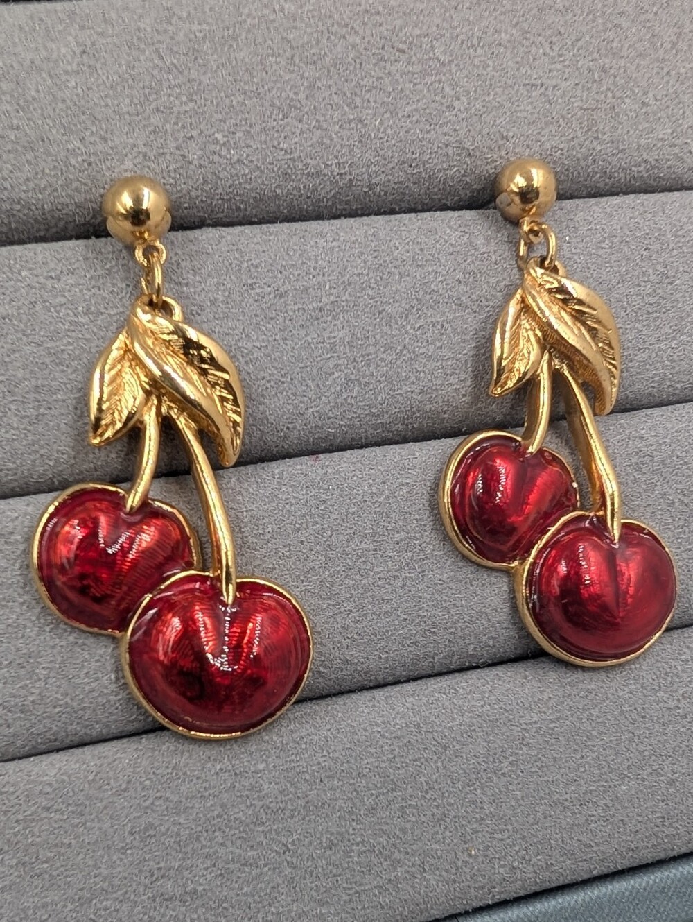 Avon Gold-Tone Red Cherry Drop Earrings